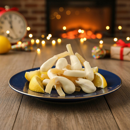 «Любимый вкус» цукаты лимонные корочки в белом шоколаде 50г (синее новогоднее оформление)