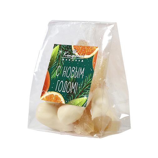 «Любимый вкус» цукаты лимонные корочки в белом шоколаде 50г (зеленое новогоднее оформление)