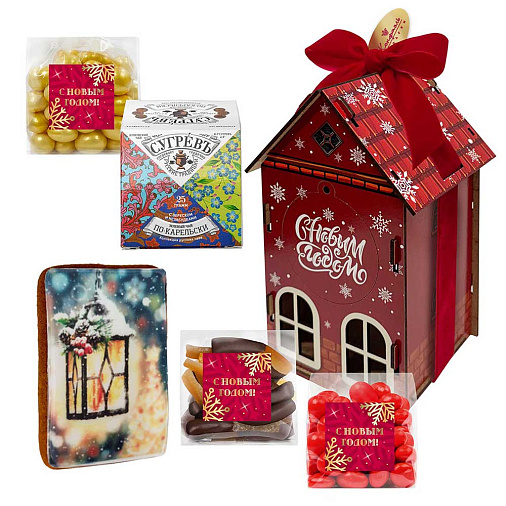 Новогодний домик с конфетами: цукаты, драже, чай 275г