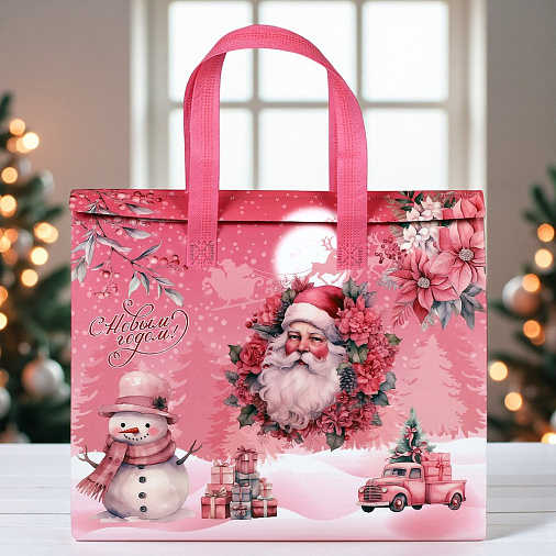 Термопакет розовый "С Новым годом" 35х30х13 см (застежка липучка многоразовая)