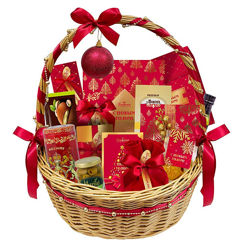 "Новогодняя корзина": драже, конфеты, чай, печенье, мед, фруктовые чипсы 2705г