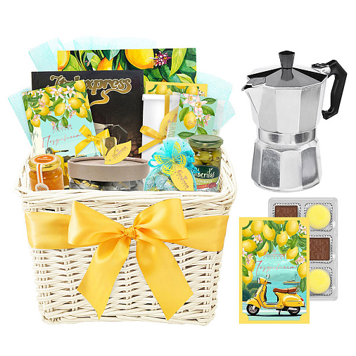 Подарочная корзина: шоколад, мармелад, варенье, оливки, кофе