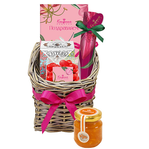 Подарочная корзина: шоколад, драже, конфеты глазированные, чай, варенье