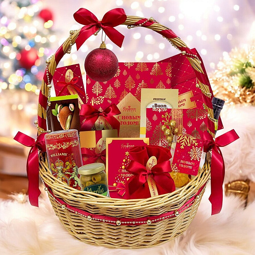 "Новогодняя корзина": драже, конфеты, чай, печенье, мед, фруктовые чипсы 2705г