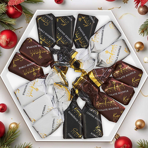 Новогодний набор суфле в шоколаде (ванильное, шоколадное, кофейное) 105г (каток)