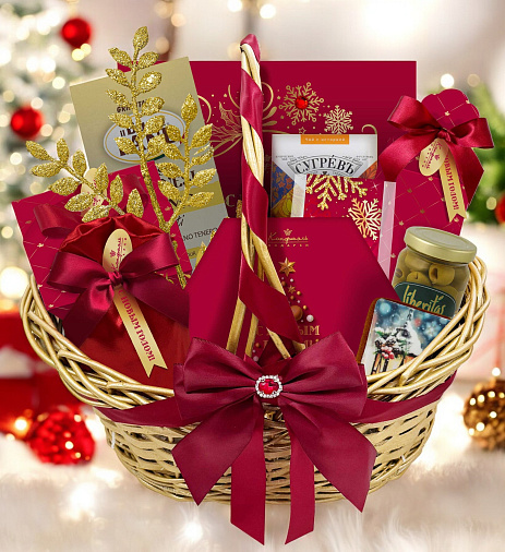 "Новогодняя корзина": шоколад, драже, конфеты, риет, мед, чай 1665г