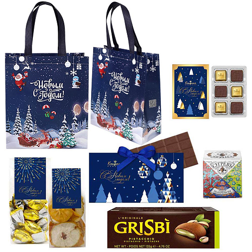 Новогодний набор: конфеты шоколадные, сухофрукты,печенье, чай 515г в сумке-шопере