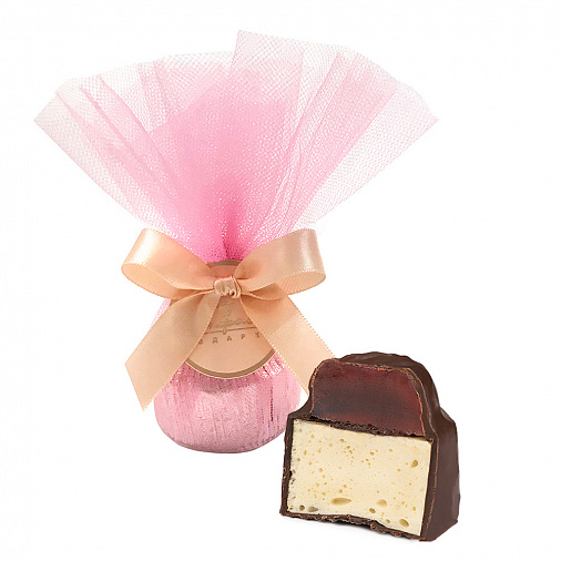 Конфета вишневый мармелад и ванильное суфле в горьком шоколаде розовая золотой бант 50г
