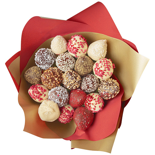 Свежая клубника в шоколаде букет 605г красно-золотой