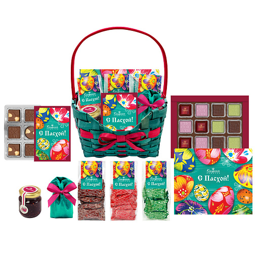 Пасхальная корзина шоколада, драже, конфет глазированных, варенья