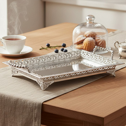 Блюдо декоративное из металла с ручками (серебро)